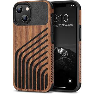 TENDLIN Compatible with iPhone 13 Case Wood Grain with Carbon Fiber Texture Design Leather Hybrid Slim Case (Hairline)