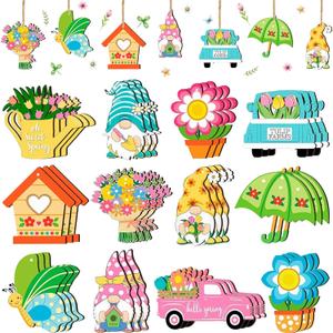 Spring Flower Wooden Ornaments: 36 Pcs Spring Tree Ornament Flower Gnome Hanging Wood Decorations for Party Home Tree Decor