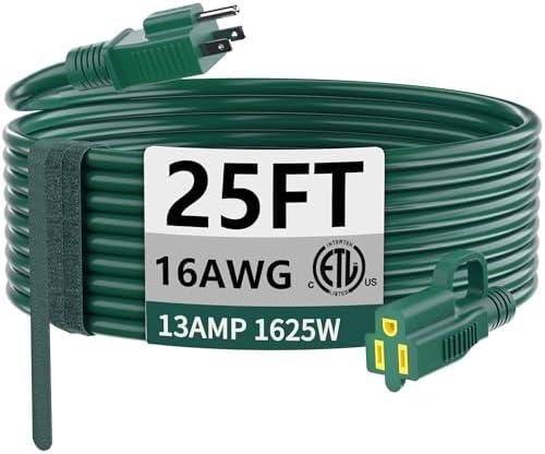 HUANCHAIN Indoor Outdoor Green Extension Cord 25 ft Waterproof, 16/3 Gauge Flexible Cold-Resistant Appliance Extension Cord Outside, 13A 1625W 16AWG SJTW, 3 Prong Heavy Duty Electric Cable, ETL