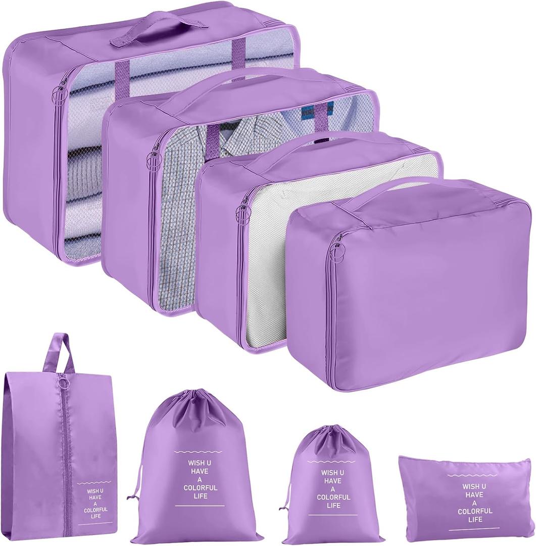 Packing Cubes for Travel - 8 Set Luggage Organizer Bags for Family, Mesh Breathable Packing Cubes for Suitcases Durable Travel Essentials Bags Set (Purple)