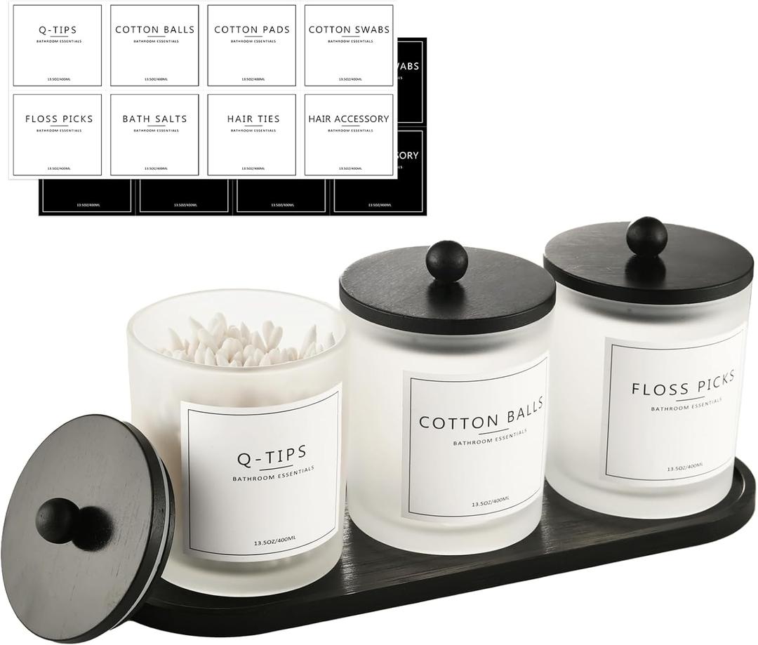 3 Pack Qtip Holder Bathroom Set, Cotton Ball Swab Pad Holder Cotton Round Floss Pick Dispenser with Tray, Glass Apothecary Jars with Lids, Bathroom Organizers and Storage Canisters-Frosted White