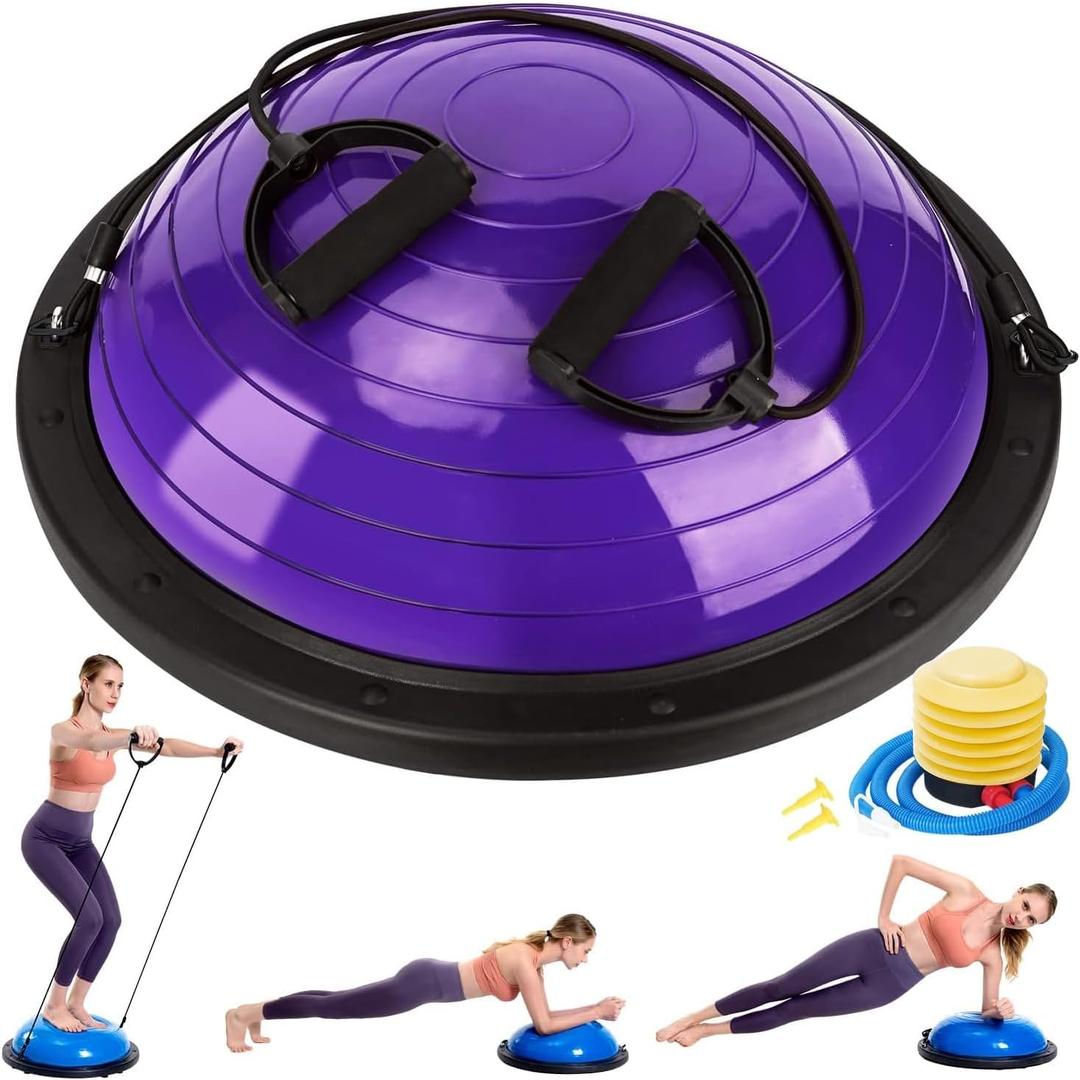 Half Balance Ball Trainer, Half Yoga Exercise Ball with Resistance Bands and Foot Pump, Balance Trainer for Stability Training, Strength Exercise Fitness, Home Gym Workout Equipment (Purple)