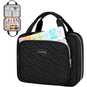 Leudes Travel Pill Bottle Organizer,Medicine Organizer and Storage,Home Medication Bag, Cases,Carrier for Pills,Vitamin,Fish Oil,Supplements for Women and Men (Medium, Black)