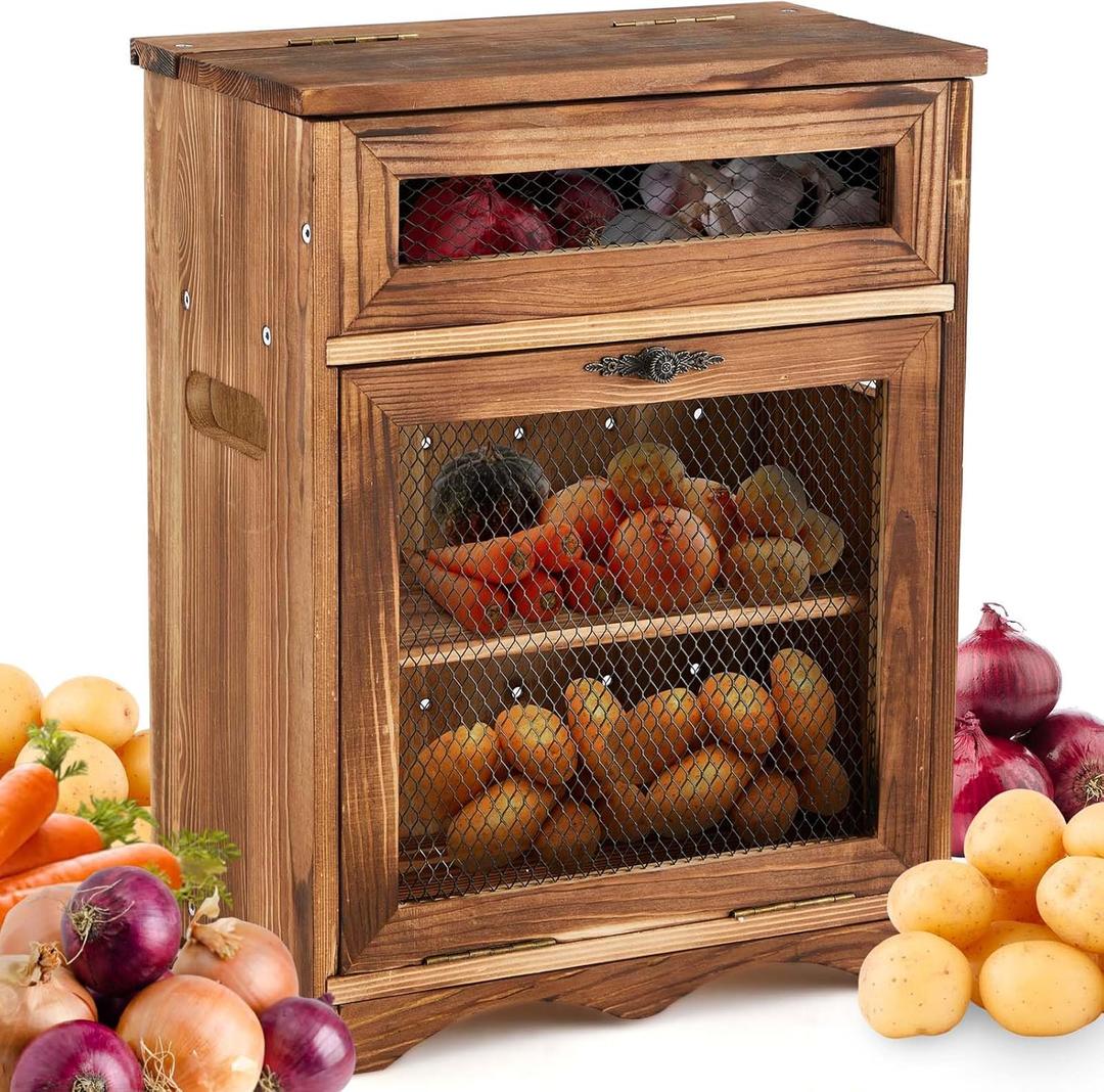 Wooden Countertop Storage Cabinet Potato and Onion Bin Box Wooden Bread Storage Bins Potato Container with Lid for Kitchen Pantry, 11.8 x 6.8 x 16 inch