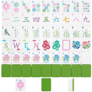 Oriental Theme Engraved American Mahjong Tile Set Melamine (1.2 Inch, Tiles Only) Lucky Cat Mini American Mahjong for Adults Women Family Party Travel Game Ideal Gift(Green)