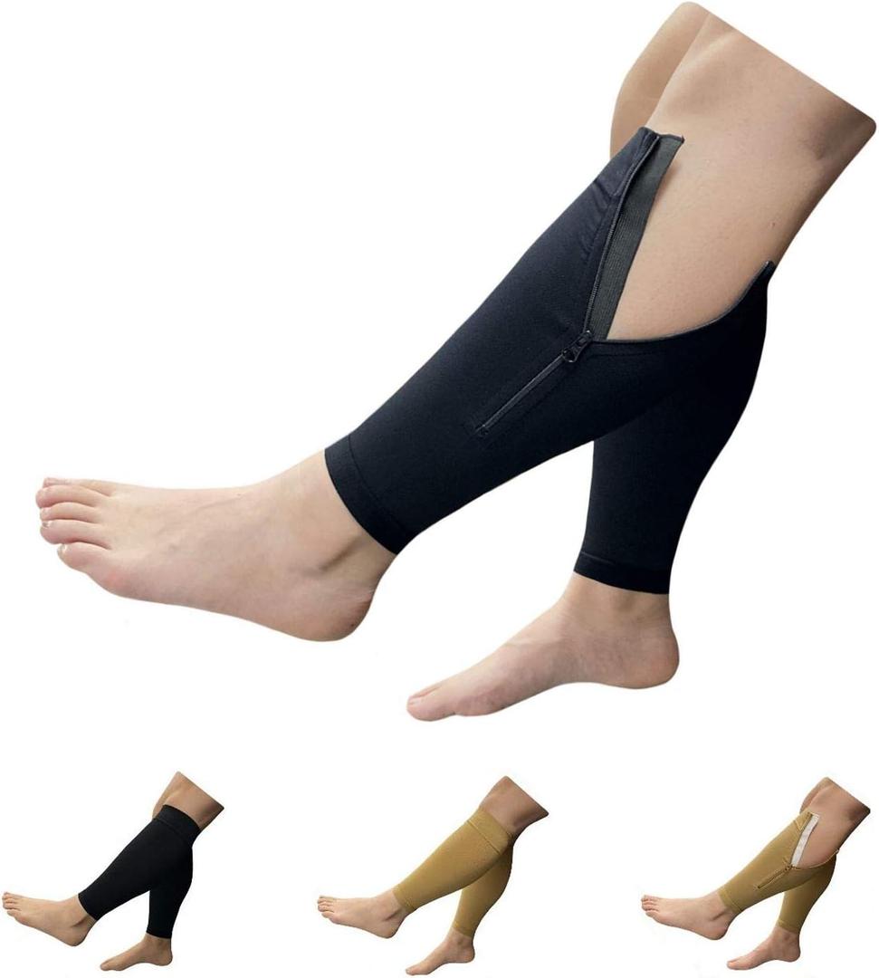 HealthyNees Shin 20-30 mmHg Compression Extra Wide Big Calf Leg Plus Size Sleeve (Black with Zipper, S/M)