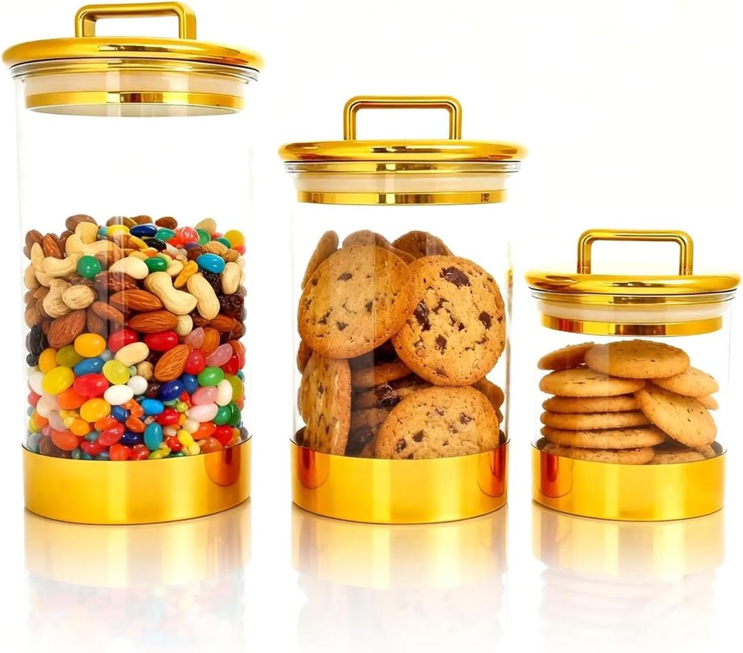 3-Pack Acrylic Storage Jars with Gold Lids  Airtight Canisters for Kitchen, Bathroom, Office | Decorative Storage for Snacks, Bath Bombs, Cotton Balls, and Small Essentials