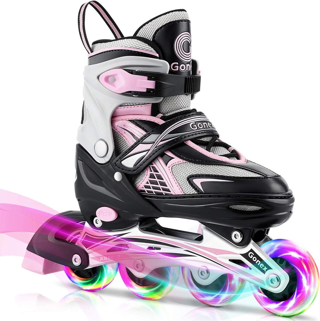 Gonex Inline Skates for Girls Boys Kids, Adjustable Skates Outdoor Blades Inline Roller Skates for Children Teens Women with Light Up Wheels for Indoor Outdoor Backyard Skating (M - Big Kids (1Y-4Y), A-Pink)