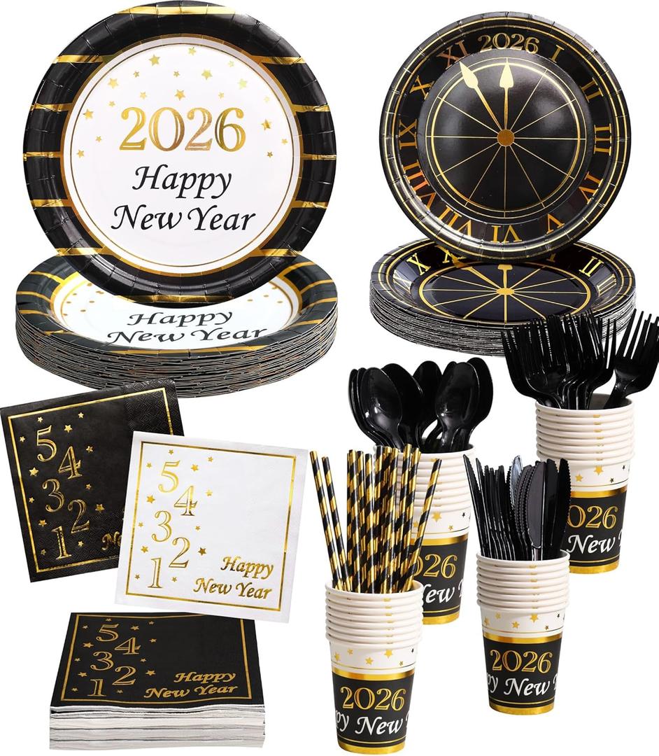 128PCS New Year Plates and Napkins Party Supplies - 2026 - Serves 16 Guests - Happy New Year Eve Plates, Napkins, Cups, Cutlery, Straws NY Party Decorations Favors