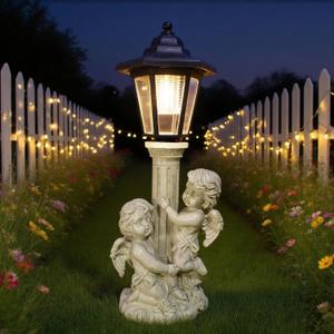 Angel Boy and Girl Statue with Solar Lantern, Outdoor Solar Angel Garden Statue with Roma Pillar for Garden Lawn Patio Yard Deocr, Mother's Day Birthday Gift