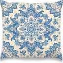 Blue and White Chinoiserie Decorative Throw Pillow Covers, Oriental Porcelain Mandala Floral Pattern Pillow Cases, Vintage French Country Coastal Decor for Sofa Living Room Bedroom 18x18in