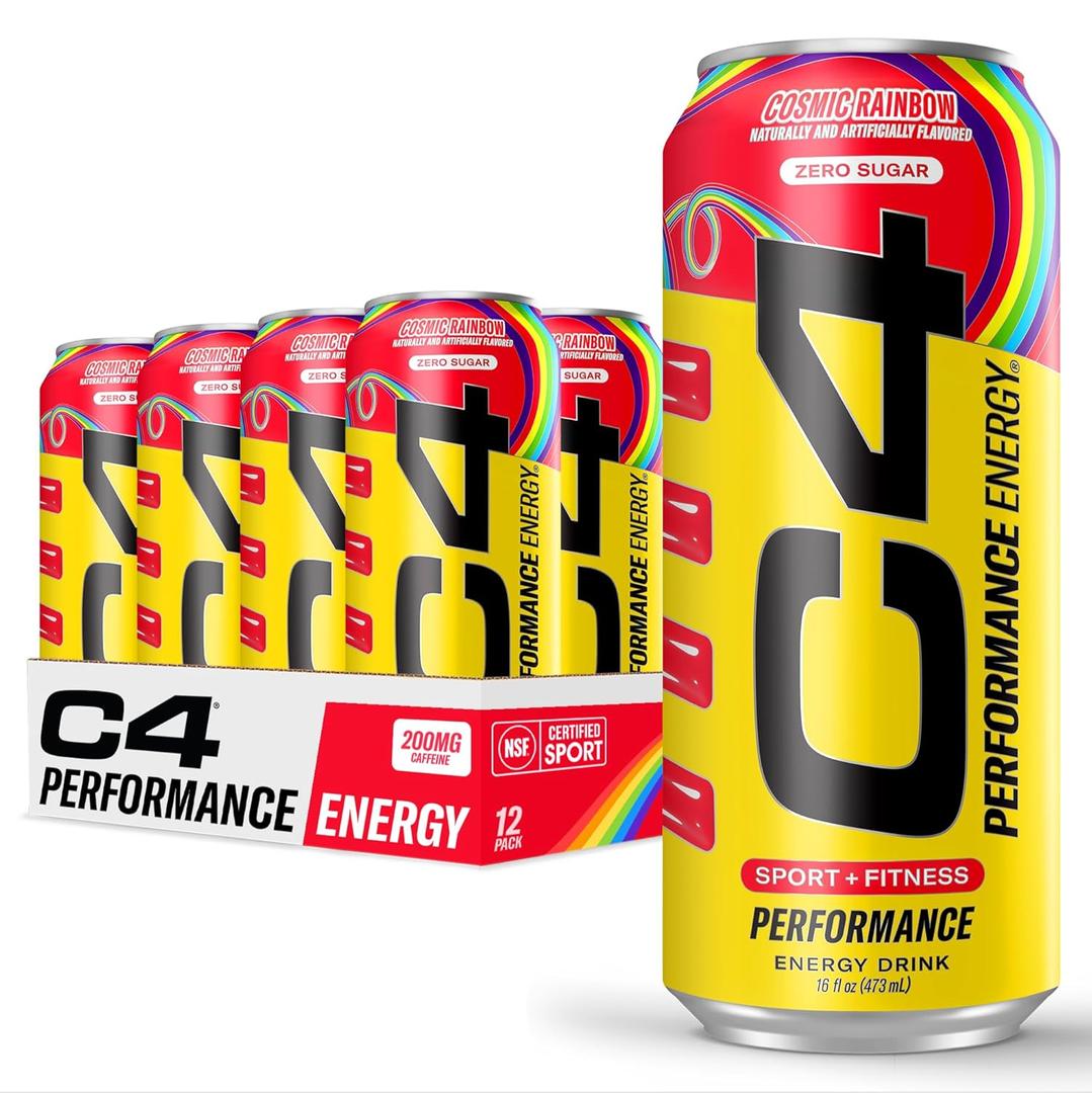 Cellucor C4 Performance Energy Drink | Cosmic Rainbow | Zero Sugar Carbonated Preworkout Energy | 200mg Caffeine with Beta Alanine | 16 Fl Oz (12 Pack), Packaging May Vary, BB 07/2026