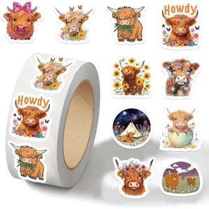 500PCS Highland Cow Stickers Roll 10 Styles Envelope Seals Sticker Cute Animal Stickers Cow Themed Party Favors(500 Per Roll)