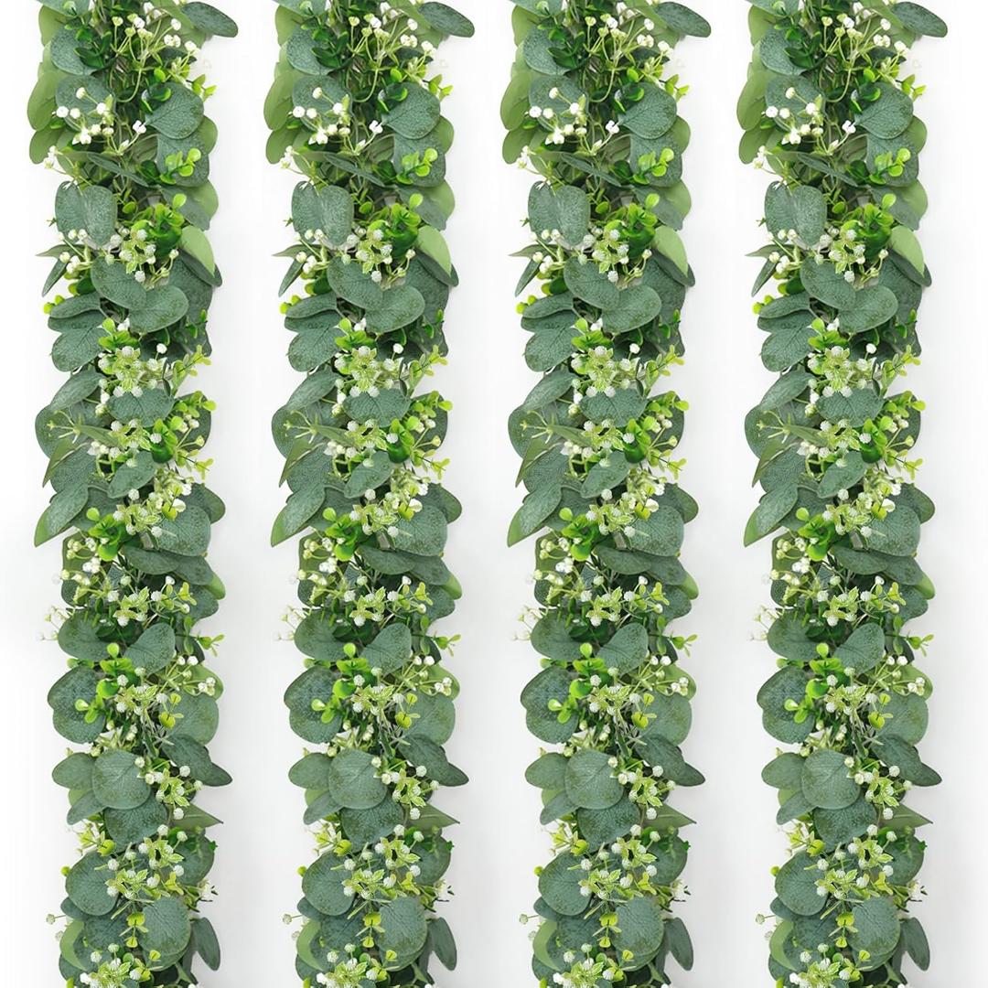 SOMYTING Eucalyptus Garland, Greenery Garland with Gypsophila Flowers Artificial Faux Silver Dollar Eucalyptus Leaves Vines for Table Home Wedding Mantle Party Indoor Outdoor Decor (4PCS)