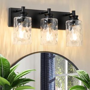 3 Light Bathroom Vanity Light Modern Black Bathroom Light Fixtures Over Mirror with Hammered Glass Lampshade for Kitchen Hallway