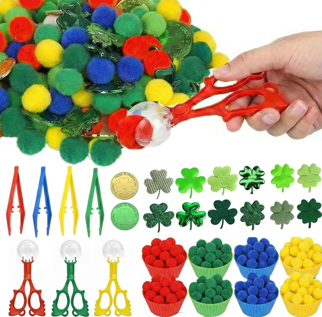 LXZNRQU 235 Pcs St. Patrick's Day Sensory Bin Kit - 8 Sorting Bowls, 7 Tools, 100 Shamrocks, 100 Poms, 20 Gold Coins - Fine Motor Skills, Color Sorting & Counting Activity for Classroom & Party