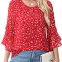 CiCiBird Women Chiffon Floral Blouse 3/4 Ruffle Sleeve Crew Neck Pleated Front Tops Dressy Casual Shirts (Red, M)