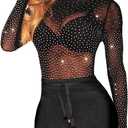 SEBOWEL Women Mesh Rhinestone Tops Sexy Sheer See Through Long Sleeve Shirt Glitter Sparkly Mesh Top Tee Blouse (Medium, 29# Black)
