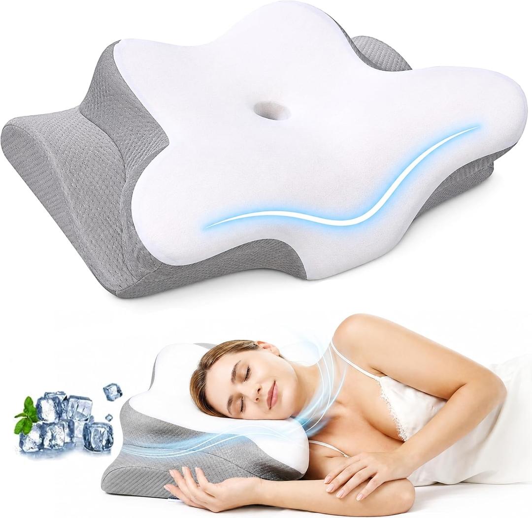 Cervical Neck Pillow for Pain Relief, Memory Foam Contoured Orthopedic Pillow for Sleeping, Dual Height 5.5/3.7 Neck Shoulder Arm Support – Ergonomic Cooling Pillow Side Back Stomach Sleepers, Contour Standard
