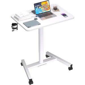 28-Inch Mobile Standing Desk, Computer Workstations with Cup Holder, Portable Standing Desk with Lockable Wheels, Rolling Table for Home Office Classroom Hospital (Snow-White, Steel Classic)