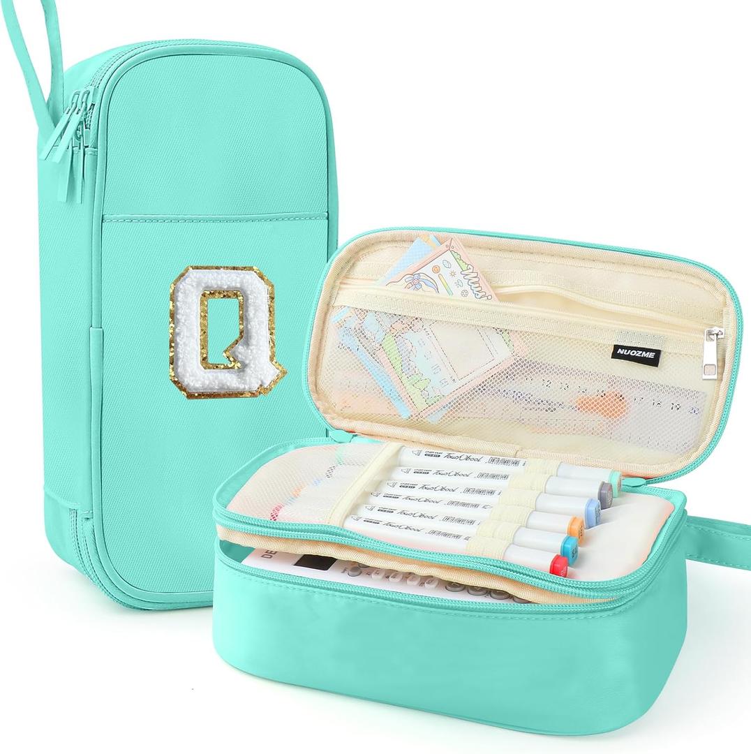 Large Pencil Case,Big Capacity Pencil Pouch,Personalized Initial Pencil Bag with smooth zipper,Multiple Pockets,Cute Aesthetic Stationery Pen Case Bag for Teen Girls College (Mint Green, Q)