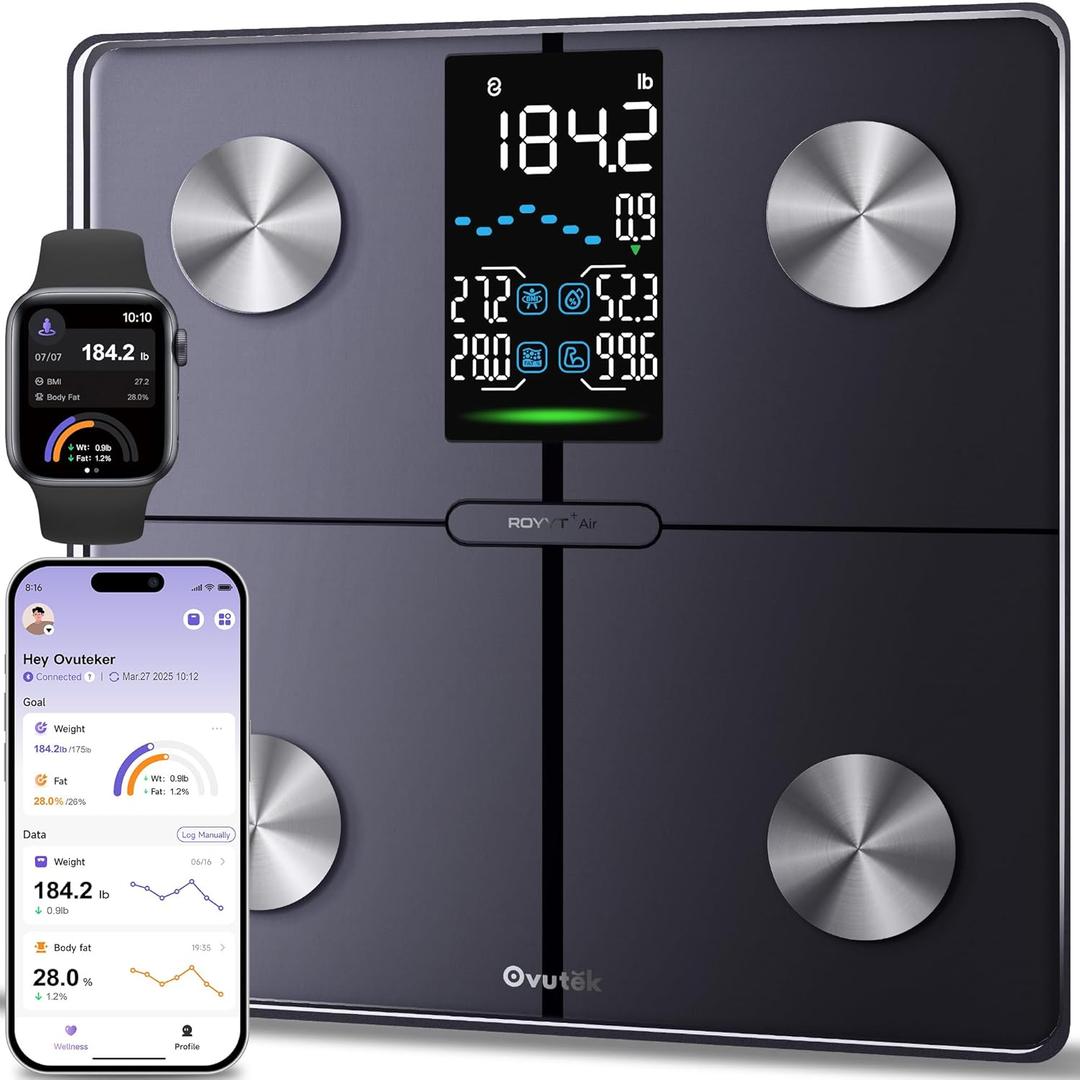 Ovutek Smart Scale for Body Weight, Professional Bathroom Digital Scale with BMI, Body Fat, Muscle Mass, Most Accurate to 0.05lb, Large Display High Accurate Body Composition Machine with Fitness App, Black