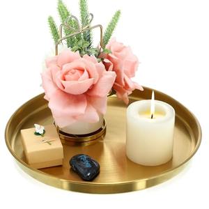 Thenshop 1 Pcs 12 Inch Gold Round Serving Tray Stainless Steel Circle Decorative Vanity Gold Plate Metal Jewelry Makeup Organizer Dishes for Gift Wedding Coffee Table Bathroom Dessert Christmas