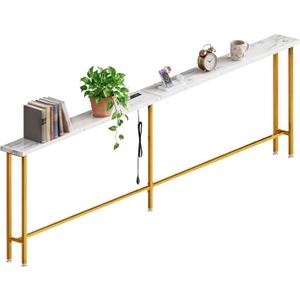90" Narrow Sofa Table with Outlets (2 AC Outlets & 2 USB Ports), Behind Couch Table with Charging Station, Long Skinny Console Table for Living Room, Entryway and Hallway (White & Gold), 90.5"W x 5.9"D x 31.1"H