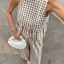 codcm Women's 2 Piece Gingham Set Summer Outfits Ruffle Tank Top and Wide Leg Pants Matching Lounge Set XL