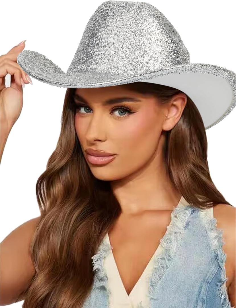 Women-Western-Glitter-Cowboy Hat - Sparkle-Cowgirl-Hat Roll-UP- Brim-Fedora-Hat for Disco Costumes Party (Medium, Plastic Silver)