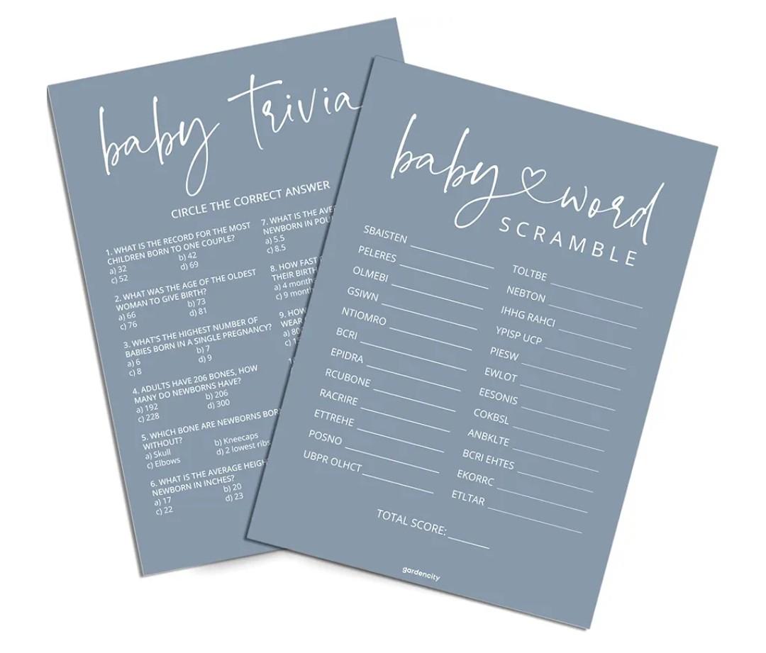 GardenCity Baby Shower Games Boy - Baby Trivia and Word Scramble Game, 50 Double-Sided Cards (Blue)