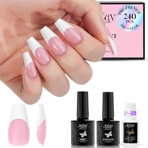 French Soft Gel Nail Tips Kit, Jofay Fashion Spring Pink French Tip Press on Nails, 240Pcs Medium Coffin Fake Nails, Natural Pre-Base Coat & French Tips, Glue On Nails with UV Lamp for Nail Extensions