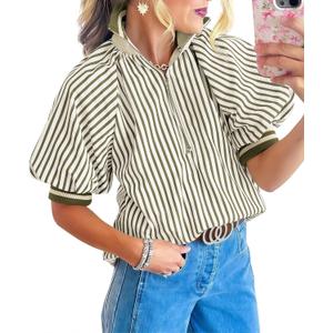 Womens Striped Half Zip Shirts Short Puff Sleeve Loose Color Block Knit Collared Blouse XL