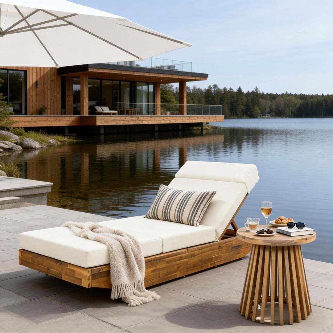Modern Acacia Wood Outdoor Chaise Lounge with Dark Gray Water-Repellent Cushion & Integrated Headrest, Adjustable & Foldable Design for Patio, Poolside, Garden