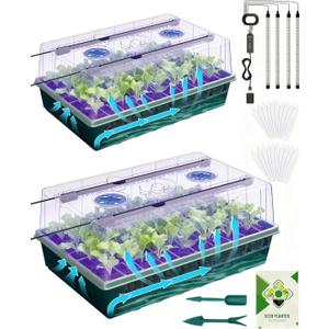 2PCS 120 Cell Self-Watering Seed Starter Tray Kit with Grow Light Humidity Dome,120-Cell Large Plant Seedling Tray, 3 Color Growing Light, Seed Starting Trays for Plant Germination2PCS, 120 Cell