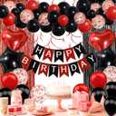Red and Black Birthday Decorations, Happy Birthday Banner, Confetti Balloons, Fringe Curtain, Heart Star Foil Balloons, Hanging Swirls for Women Girls Birthday Princess Party Decorations (Red Black)