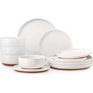 E-far 12-Piece Stoneware Dinnerware Sets, Plates and Bowls Sets for 4, Ceramic Dishware Dishes Set with Terracotta Base, Chip & Scratch Resistant, Microwave & Dishwasher Safe, Speckled White