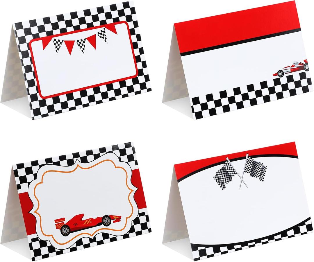 48 Pcs Race Car Food Labels Signs Folded Place Cards for Table Setting Blank Name Cards Birthday Party First Lap Around the Track Birthday Decorations