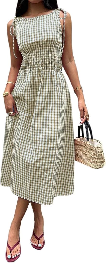 Acelitt Summer Maxi Dresses for Women 2026 Smocked Waist Gingham Dress Flowy A Line Beach Long Sundresses with Pockets (Green, XXL)