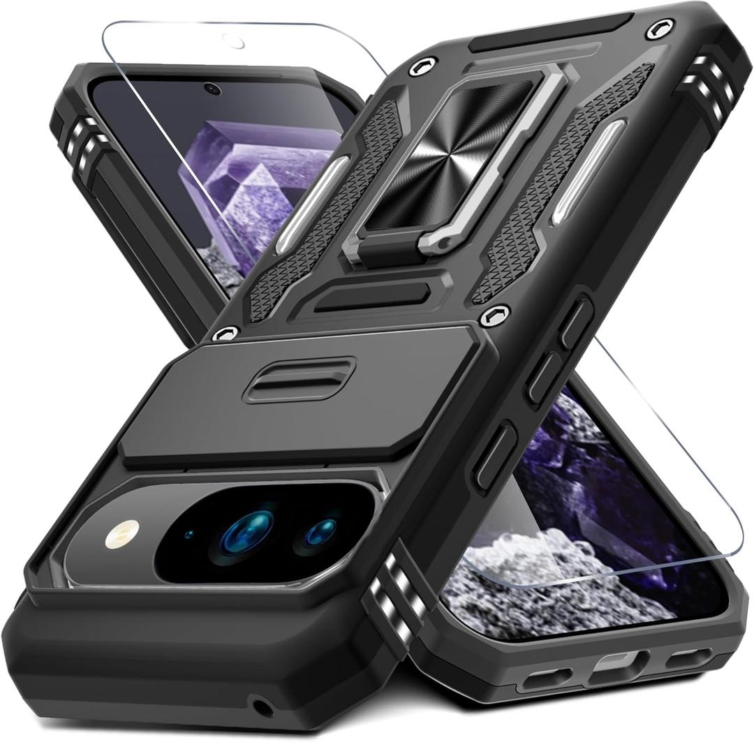 2 x DEERLAMN Case for Google Pixel 10/10 Pro with Slide Camera Cover+Screen Protector(1 Pack), Rotated Ring Kickstand Military Grade Shockproof Protective Cover-Black