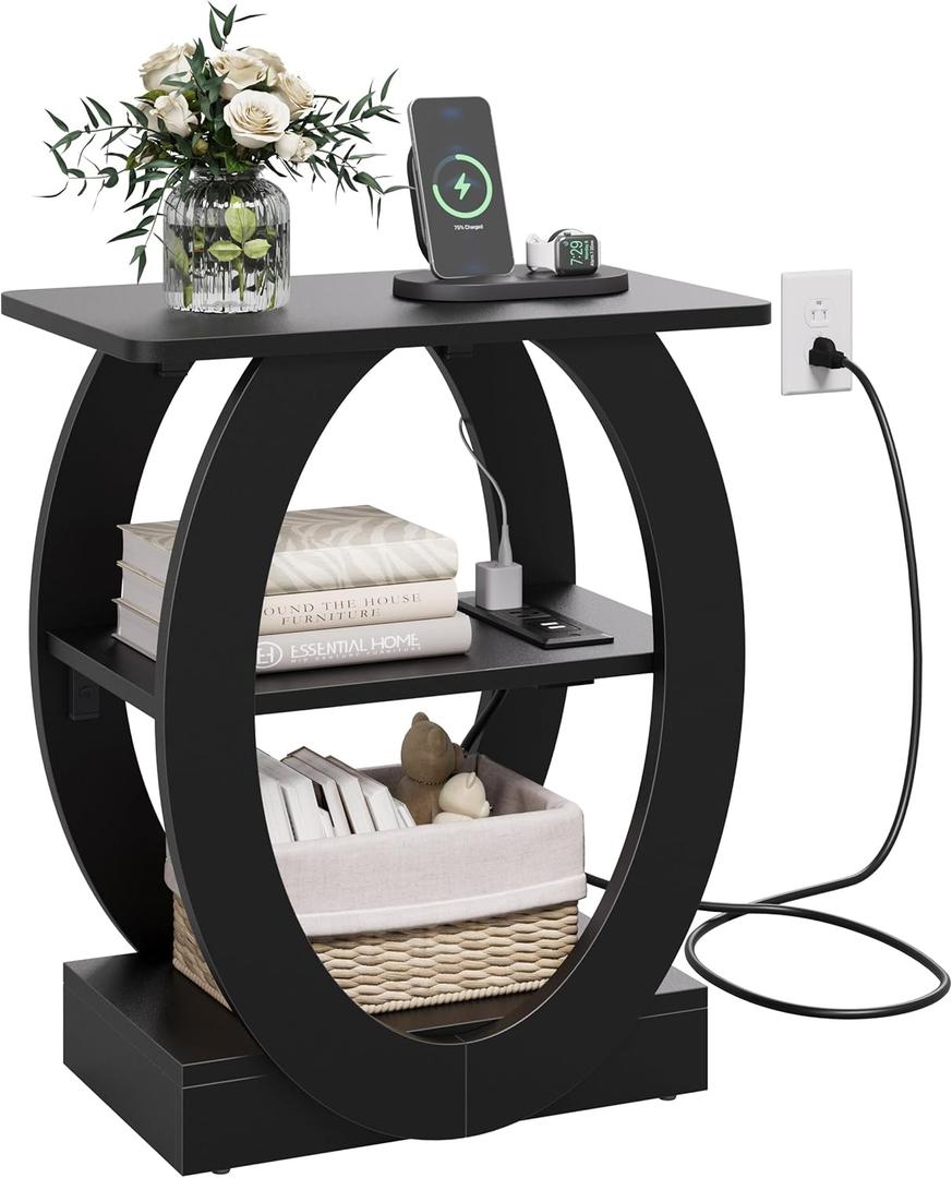 End Table with Charging Station, Black Side Table with USB Ports and Power Outlets, Wood Nightstand with Large Storage Shlef for Living Room Bedroom Sofa Couch, Bedside Table Night Stands, 1-Pack