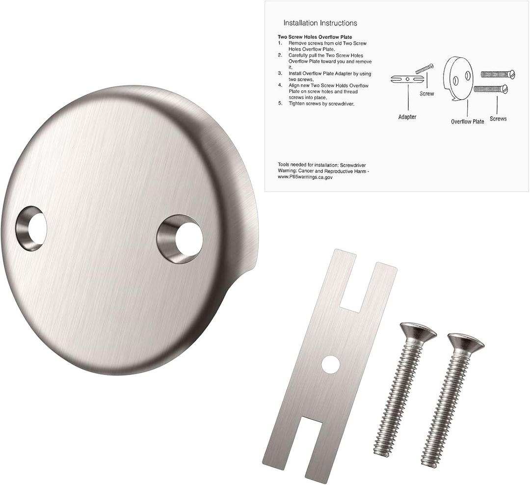 2-Hole Bathtub Overflow Cover Plate with Adapter, Brushed Nickel, Installation Hardware Included (Brushed Nickel)
