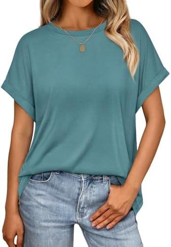 AUTOMET Women's Oversized Short Sleeve T-Shirt, Casual Drop Shoulder Top with Roll-Up Cuff Sleeves for Summer, Size S
