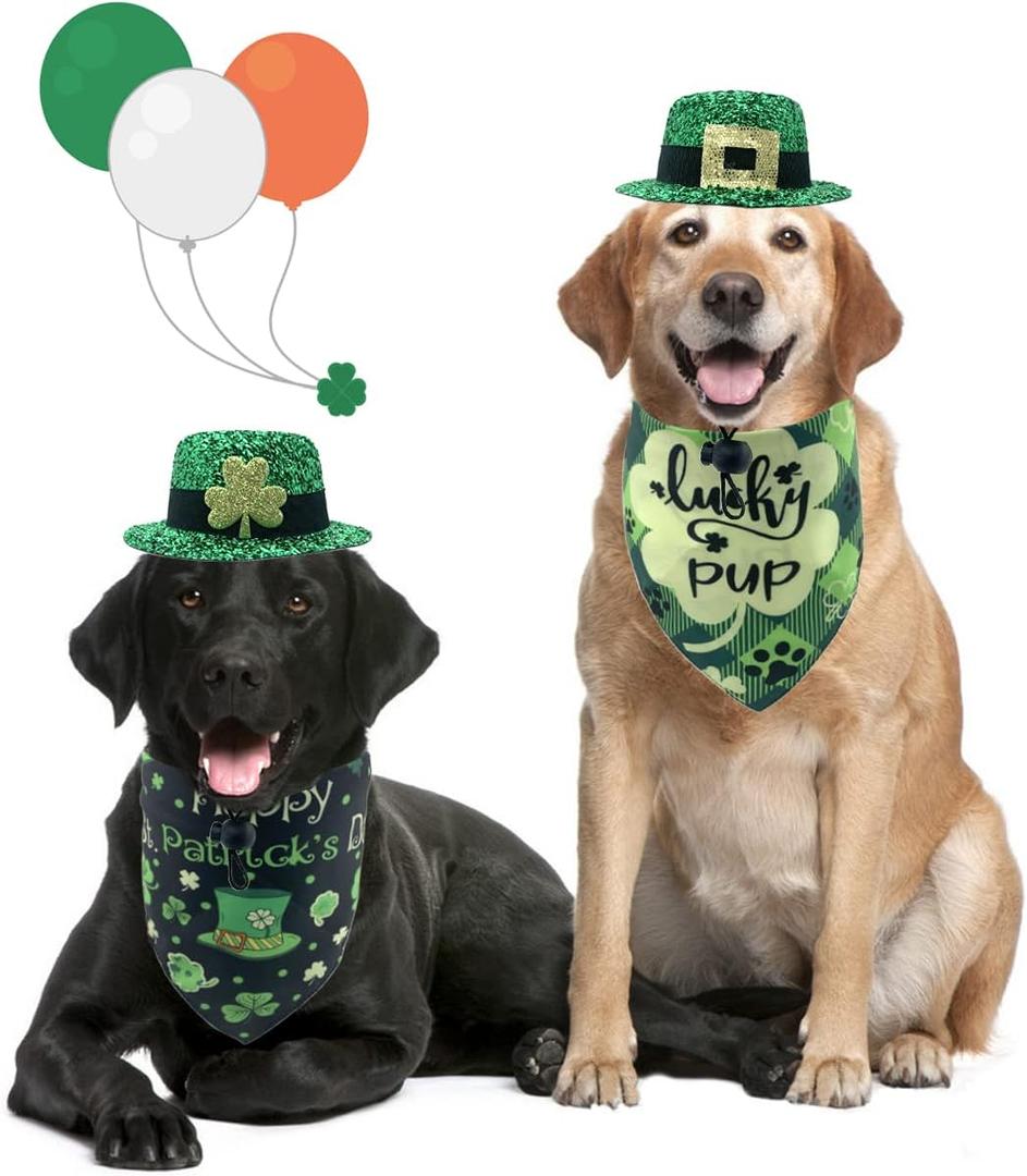 4Pcs Green Irish St. Patrick's Day Dog Hat & Bandana Set with Shamrock Decor, Reversible, Adjustable, Lightweight, All Ages