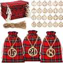 Christmas 24 Days Advent Calendar 2026 Xmas Countdown Buffalo Check Drawstring Bags with 24 Pieces Wooden Numbers for Christmas Gift Party Decoration
