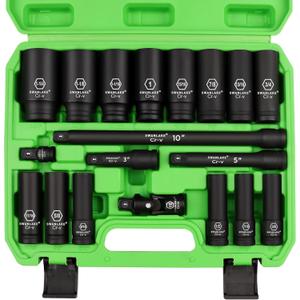 SWANLAKE 19-Piece 1/2" Impact Socket Set, 6 Point Impact Set, SAE (3/8-inch to 1-1/14-inch) Standard Large Socket, CR-V Mechanic Tool Set