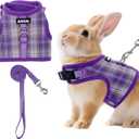 AIITLE Breathable Rabbit Harness and Leash Set - Plaid Pattern Padded Vest with Magic Tape Design, Dual D-Rings, Adjustable for Small Animal Pets, Indoor Outdoor Training Camping, Purple M