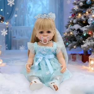 Realistic Baby Doll, 22 Inch Lifelike Reborn Baby Dolls Silicone Full Body with Princess Dress, Long Hair Weighted Toddler Doll Toy Birthday Gift Set for Over 3 Years Old