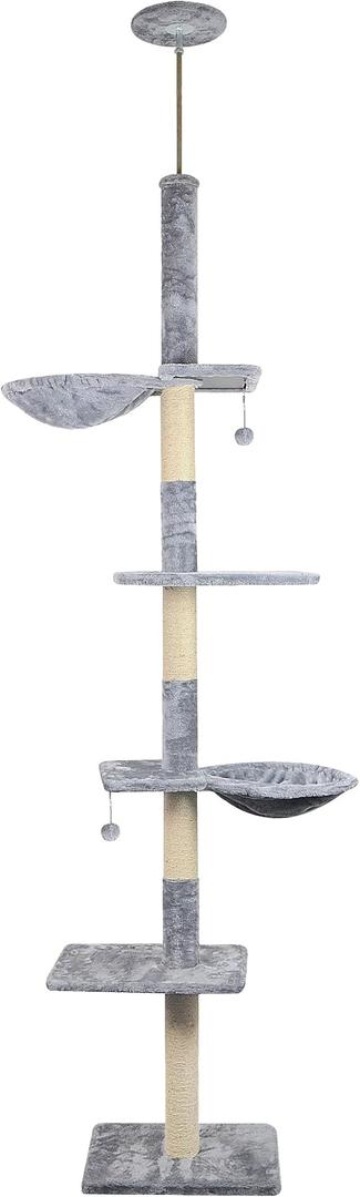 Roypet Adjustable 93"-116" Tall Cat Climbing Tree 5-Tier Kitty Activity Center Floor-to-Ceiling Climber Toy with Hanging Hammock and Scratching Posts Cat Furniture,Grey