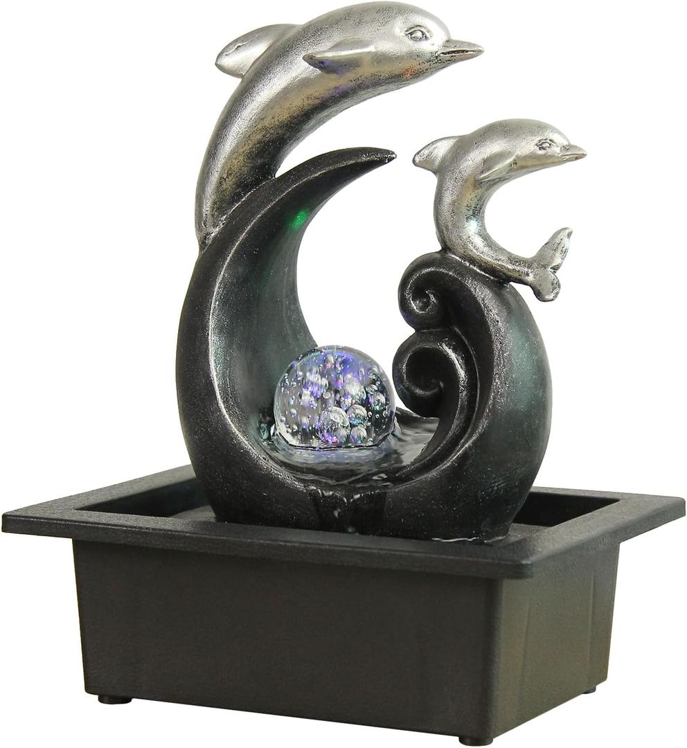 TiCin Tabletop Water Fountain, Spinning Ball Light Fountain with Two Cute Dolphins, for Home Office Decor, Decorated with Colorful Lights and Rolling Ball